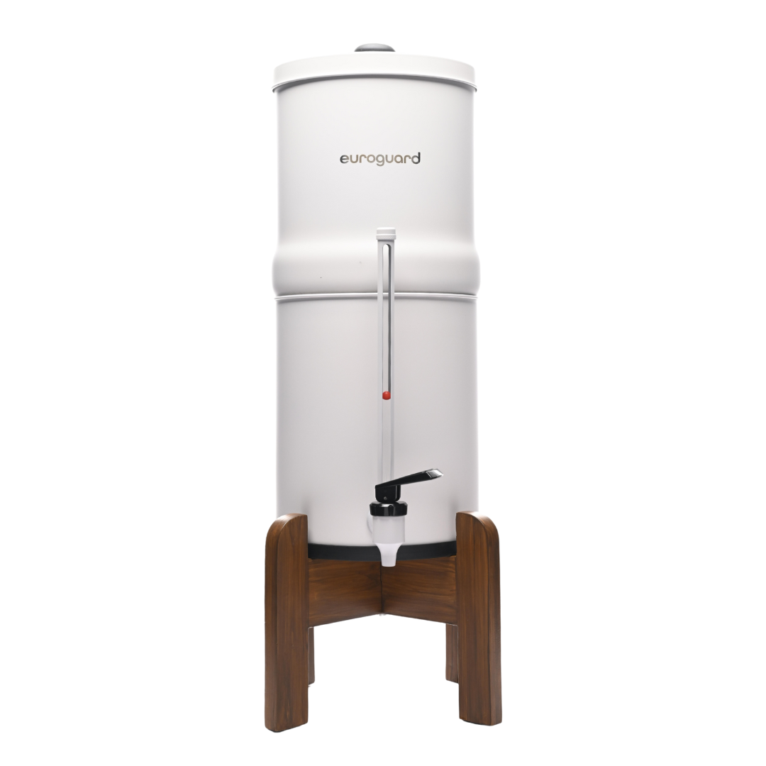 Inox Blanco Edición Limitada – Filtro de Agua por Gravedad (Soporte de Madera + Grifo Indicador)