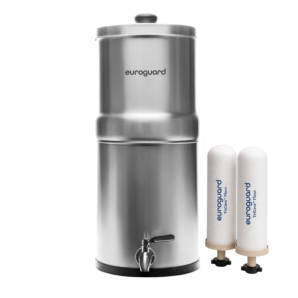 Filtro de agua por gravedad de cerámica euroguard TriCera™, acabado mate, con dos cartuchos TriCera™ Fluor