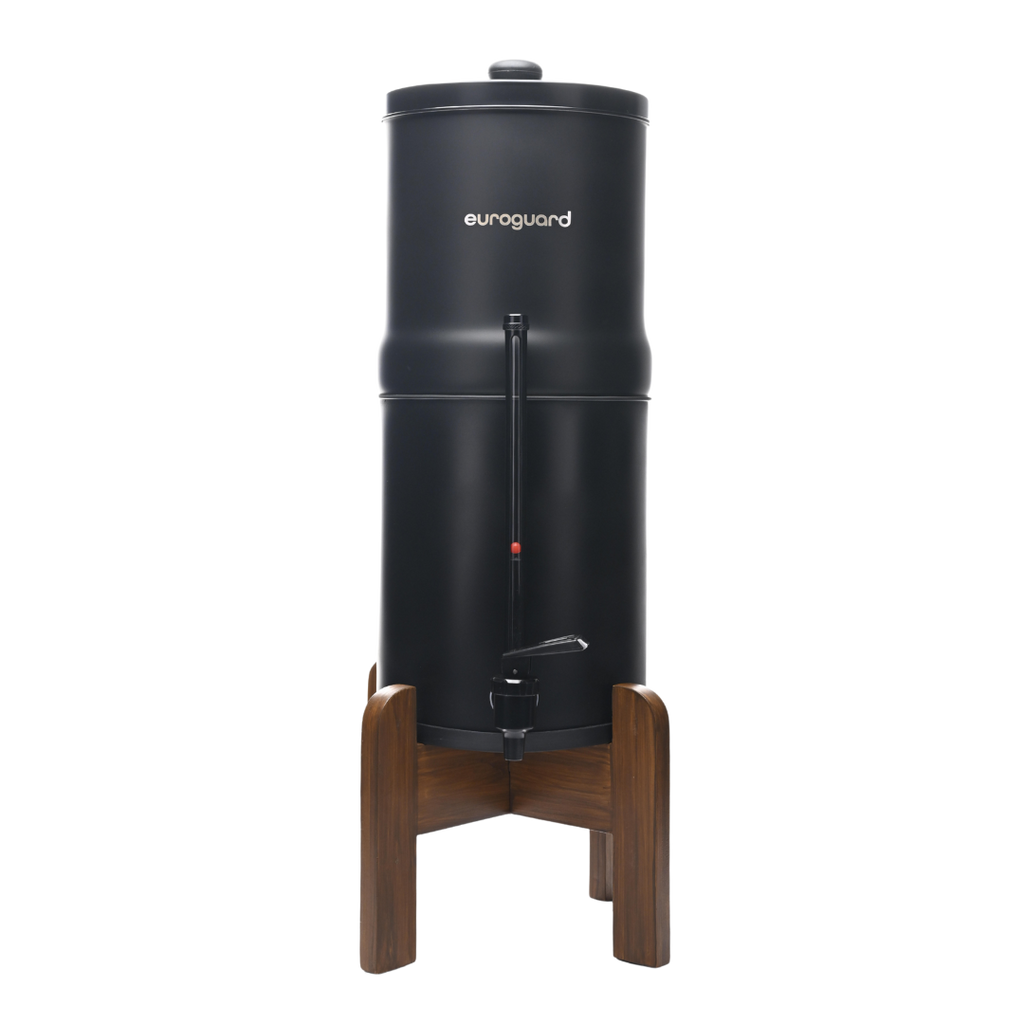 EuroGuard Inox Negro – Edición Limitada | Filtro y Purificador de Agua (Soporte de Madera + Grifo Indicador)