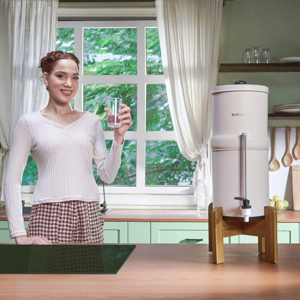 Inox Blanc Édition Limitée - Filtre à Eau et Purificateur d’Eau (support bois + robinet niveau d’eau)